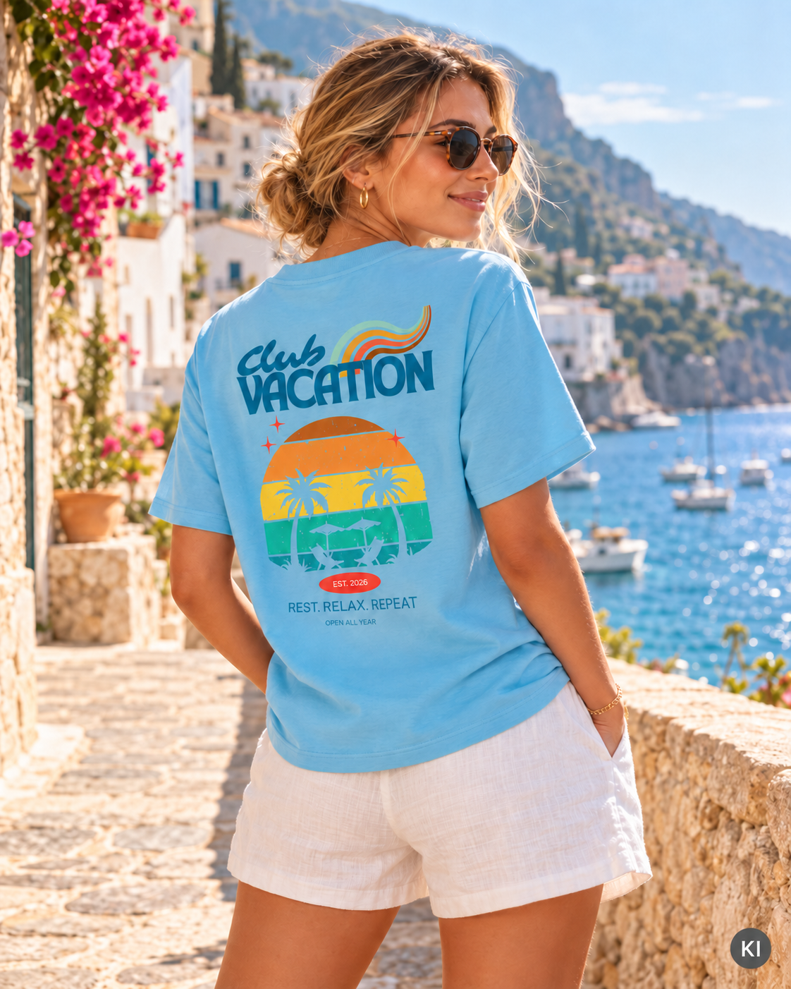 Club Vacation Tee in Aqua Blue – Secondary-Lifestylebild mit AI-Hinweis