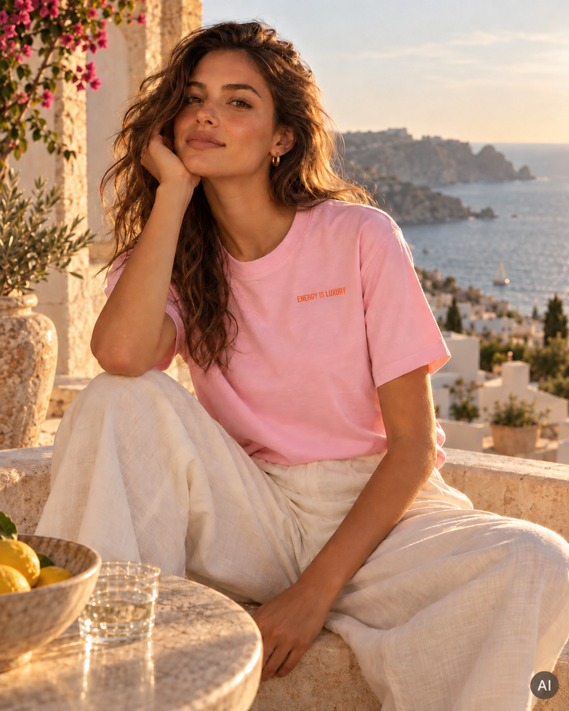 Energy Is Luxury Tee in Cotton Pink – Hero-Lifestylebild mit AI-Hinweis