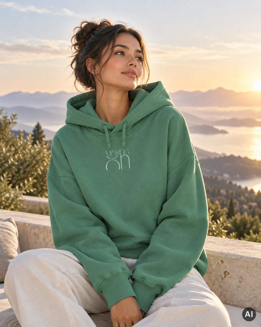 Moving On Boxcut Hoodie — Green Bay – Hero-Lifestylebild mit AI-Hinweis