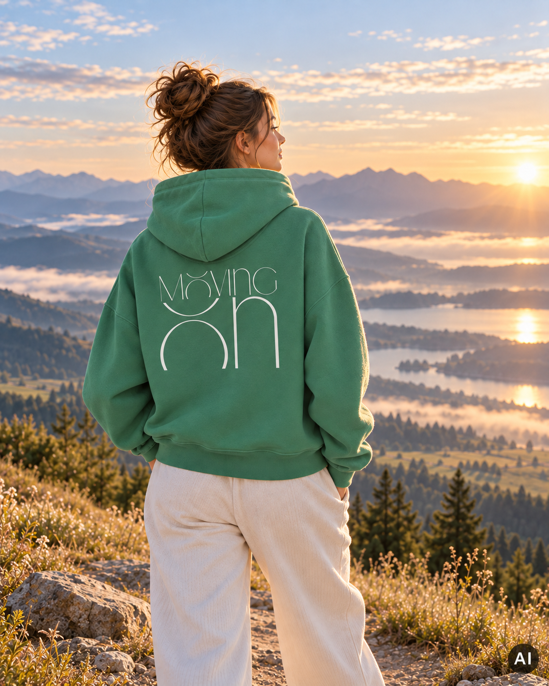 Moving On Boxcut Hoodie — Green Bay – Secondary-Lifestylebild mit AI-Hinweis